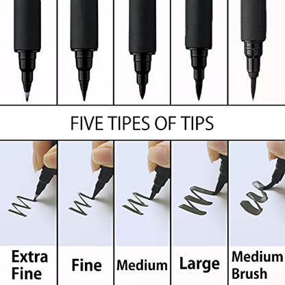 Kuretake Bimoji Brush Pen, 5 pcs set (Extra Fine, Fine, Medium, Large, Medium Brush), great for Calligraphy, Hand lettering and Illustration, for Beginners and Professional, Made in Japan - style: Variety 5pcs box