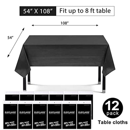 Eleclassi Black 12 Pack Premium Plastic Table Cloth Disposable Tablecloth 54 x 108 Inch - Black Plastic Tablecloths for Rectangle Tables Up to 8 Feet - color: Black, size: 12 Pack Rectangle