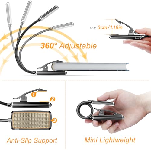 Gritin 9 LED Rechargeable Book Light for Reading in Bed | Eye Caring 3 Color Temps,Stepless Dimming Brightness,80 Hrs Runtime Small Lightweight Clip On Book Reading Light for Studying - color: ‎Black