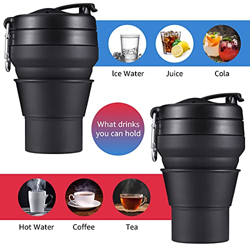 Collapsible Coffee Cup, 16 OZ 480ml Large Silicone Folding Camping Mug, Leak Proof BPA Free Portable, Travel Bottle with Lids for hiking, Microwave & Dishwasher Safe (Black) - size: 16 Ounces