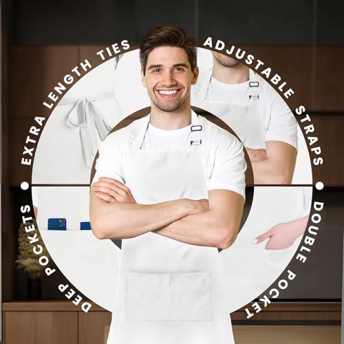 Adjustable Bib Apron 100% Polyester Kitchen Aprons Waterdrop Resistant Aprons with Adjustable Strap, Pockets & Long Ties - color: White, style: Pack of 12
