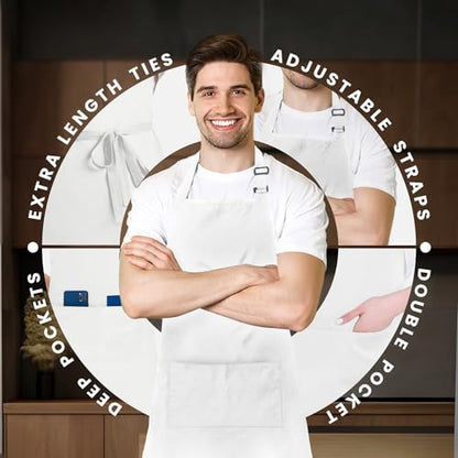 Adjustable Bib Apron 100% Polyester Kitchen Aprons Waterdrop Resistant Aprons with Adjustable Strap, Pockets & Long Ties - color: White, style: Pack of 2