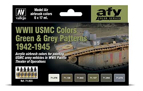 Vallejo - WWII USMC Colors Green & Grey Patterns 1942-1945 Acrylic Paint Set | Model Air | AFV Color Series Kit for Historical Reenactments of Artist-Quality Pigments | 6 Bottles x 17 ml (0.57 fl.oz.) - style: WWII USMC Colors Green & Grey Patterns 1942-1