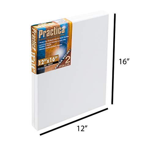 Practica Economy Stretched Cotton Canvas - Acid-Free Acrylic Primed Canvas for Acrylics, Pastels, Graphite, & More! - [2-Pack - 12x16] - size: 12x16"