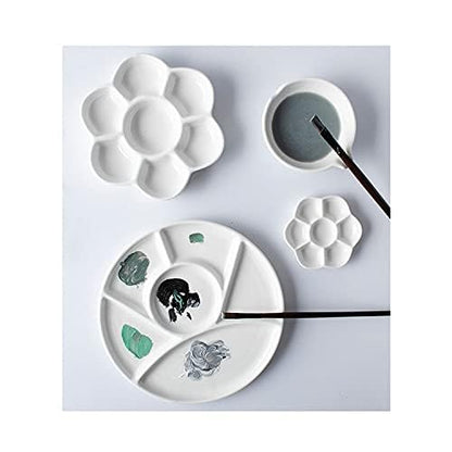 Ceramic Artist Paint Pallet,Tray,Palette,Easy to Clean Porcelain Mixing Tray for Watercolor Gouache Painting,6 Wells,8 inch, White, Round