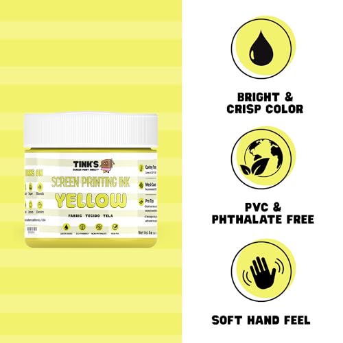 Tinks Screen Printing Ink - Yellow - 8 oz. | Water-Based Fabric Ink - Screen Printing, Stenciling, Tote Bags & Fabric Stamping - Non-Toxic, No Harsh Fumes - 8 oz. - color: Yellow