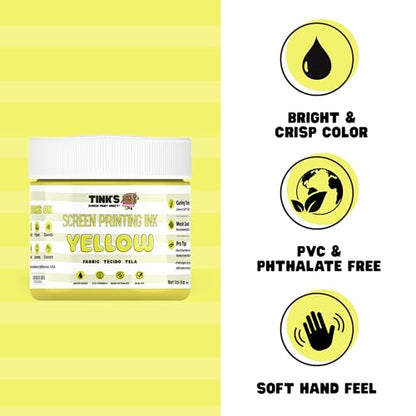 Tinks Screen Printing Ink - Yellow - 8 oz. | Water-Based Fabric Ink - Screen Printing, Stenciling, Tote Bags & Fabric Stamping - Non-Toxic, No Harsh Fumes - 8 oz. - color: Yellow
