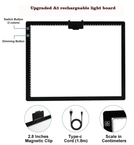 YINGWOND Rechargeable A3 LED Light Pad with Carry Bag, Adjustable Brightness Light Box with 3 Colors, Built-in Stand, 2500mAh Battery, Magnetic Clip, Light Board for Tracing Diamond Painting Sketching - style: Rechargeable-A3 Black+Padded case