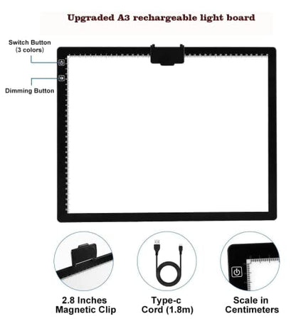YINGWOND Rechargeable A3 LED Light Pad with Carry Bag, Adjustable Brightness Light Box with 3 Colors, Built-in Stand, 2500mAh Battery, Magnetic Clip, Light Board for Tracing Diamond Painting Sketching - style: Rechargeable-A3 Black+Padded case