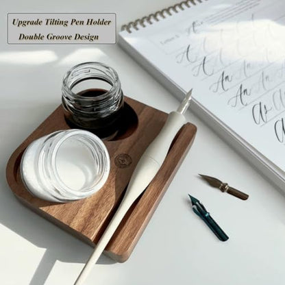 Upgrade Wooden Tilting Calligraphy Pen Holder with Two Glass Ink Bottle Container, Calligraphy Oblique Nib Holder Stand Base Set Desktop Tabel Decoration - style: Upgraded Two Glass Ink Holders