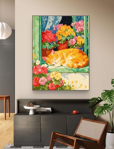 Paint by Numbers Kit for Adults Beginner,Cat Sleeping Flowers,16x20 | Full set with wooden brushes,rolled canvas,rich paints.Calming activity.Beginner friendly.Just open and paint. - color: 16"X20"Rolled Canvas(Frameless)-Cat 4