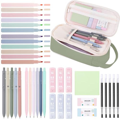 SKYDUE Aesthetic School Supplies Kit, 38 PCS Stationery Set with Large Pencil Case, Pens, Mechanical Pencil Set, Highlighters, Sticky Notes & Refills for Students, College & Back to School - color: Green