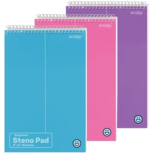 Enday Steno Pads Spiral 6 x 9 inches, Gregg Rule White Paper, 80 Sheets Steno Notebook for writing in Pink, Purple, Green, Blue, Red, Grey, Color May Vary (3 Pack) - size: 3