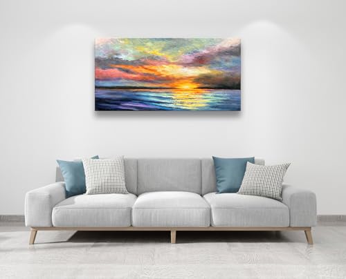 Art Hand-Painted Sea Sunset Landscape Modern Abstract Oil Painting on Canvas Art Hall Bedroom Office Wall Decoration 24x48 Inches - color: Yi044