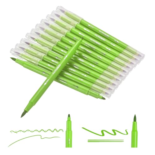 PATIKIL 12 Pack Dual Markers Brush Pens, Grass Yellow Double Tip Colored Pen Coloring Marker Set Supplies for Adults Coloring Books Note Taking Writing Calligraphy Drawing Sketching - color: Grass Yellow
