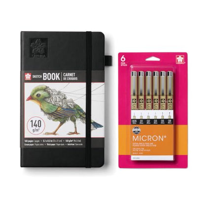 SAKURA Pigma Micron Pen 6 Pack and A5 Sketchbook Black Drawing Bundle