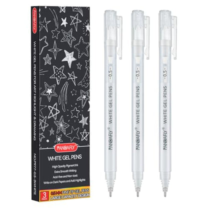 PANDAFLY White Gel Pens, 3-Pack, 0.5mm Fine Point Opaque Gel Ink Pens | White Archival Ink Pens for Highlights, Black Paper Drawing, Sketching, Illustration, Card Making, Bullet Journaling - style: White-0.5mm