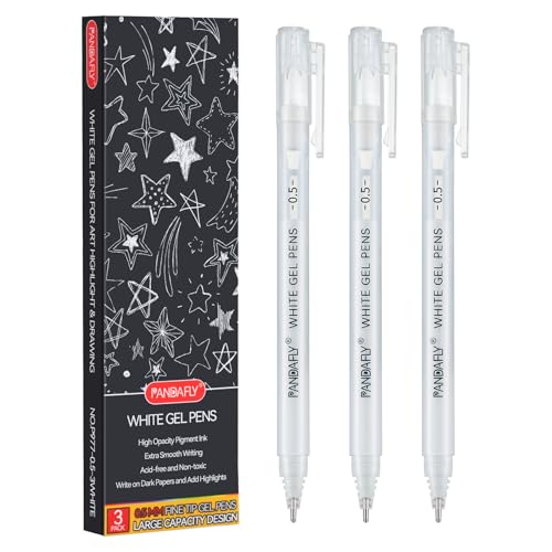 PANDAFLY White Gel Pens, 3-Pack, 0.5mm Fine Point Opaque Gel Ink Pens | White Archival Ink Pens for Highlights, Black Paper Drawing, Sketching, Illustration, Card Making, Bullet Journaling - style: White-0.5mm