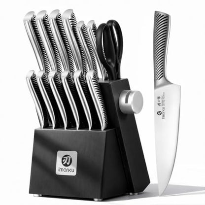 Imarku 14-Piece Japanese Gyutou Stainless Steel Knife Set with Block | 15° Precision Edge | 56±2 HRC Hardness | Full-Tang Build for Perfect Balance | Built-in Sharpener for Easy Maintenance - color: Pure Black