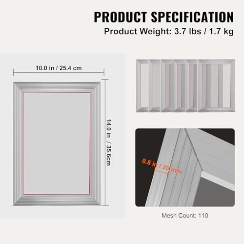 VEVOR 6 Pieces Aluminum, 10x14inch Silk Screen Frame with 110 Count High Tension Nylon Mesh and Sealing Tape for T-Shirts DIY Printing, Silver - size: 10x14inch, style: 6 Pieces
