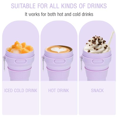 Silicone Collapsible Travel Mug Purple 15oz / 450ml - Leak-Proof Reusable Silicone Water Bottle for Hot and Cold Beverages - Travel Office and Home - Dishwasher Safe - Straw Included - color: Purple