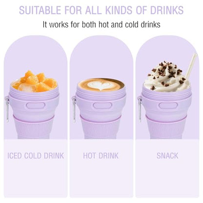 Silicone Collapsible Travel Mug Purple 15oz / 450ml - Leak-Proof Reusable Silicone Water Bottle for Hot and Cold Beverages - Travel Office and Home - Dishwasher Safe - Straw Included - color: Purple