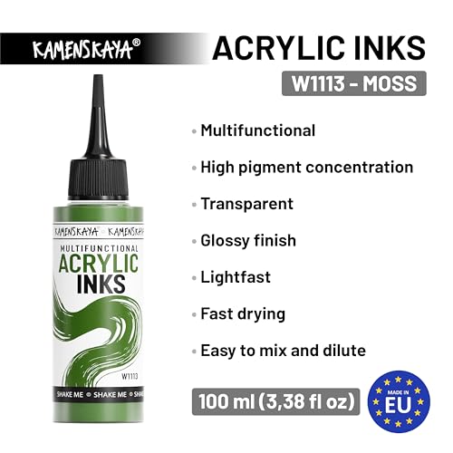 Kamenskaya Acrylic Inks, 'Moss' Acrylic Ink, 3.38 Fl Oz (100 ml) | Highly Concentrated, Multifunctional Liquid Acrylic Paint - color: Moss