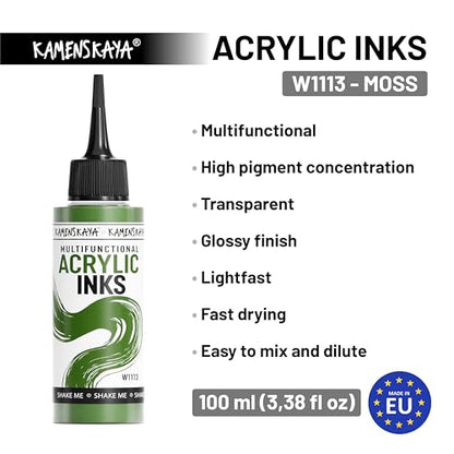 Kamenskaya Acrylic Inks, 'Moss' Acrylic Ink, 3.38 Fl Oz (100 ml) | Highly Concentrated, Multifunctional Liquid Acrylic Paint - color: Moss