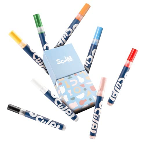 Sculpd Pottery Paint Pens, Favourites, 8 Vibrant Colors, Fine Tip Set | Premium fine-tip paint pens for pottery, wood, cardboard, paper, glass and other surfaces - for arts & crafts - color: Acrylic