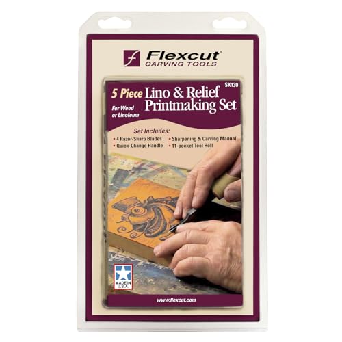 FLEXCUT SK130 5-Piece Lino & Relief Printmaking Set, Carbon Steel Blades (SK306, SK309, SK803, SK307), Quick Connect ABS Handle, Tool Roll, Strop & Honing Compound – 12 oz, Made in USA