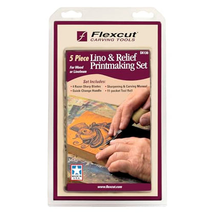 FLEXCUT SK130 5-Piece Lino & Relief Printmaking Set, Carbon Steel Blades (SK306, SK309, SK803, SK307), Quick Connect ABS Handle, Tool Roll, Strop & Honing Compound – 12 oz, Made in USA