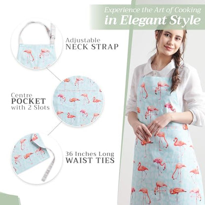 Maison d' Hermine Aprons for women with Pocket 100% Cotton (27.50"x31.50") | Adjustable Neck Strap & long ties Apron Men Chef Wedding Cooking Gardening Server Maid - color: 040 - Flamingo Love