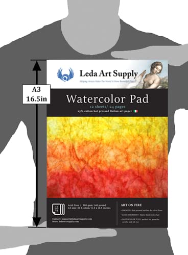 Leda Art Supply Hot Pressed Watercolor Pad Jumbo 2 Pack (24 Sheets) 300 Gram - 140 Pound 25% Cotton fine Italian Art Paper with Smooth Surface for Professional renderings (A3 Size 11.5 x 16.5 inches) - size: 11.5 x 16.5 inches