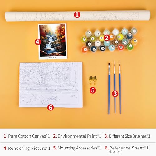TUMOVO Adult Paint by Number Kits on Canvas Autumn Landscape Craft Kits | Forest Waterfall Color by Numbers for Adults Beginner, Acrylic Paints Included, 16x20 Inch