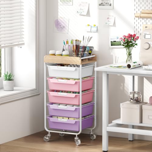 SYKIARIOL Utility Cart with 5 Labeling Drawers and Wooden Tabletop,Purple - color: Dreamy Color, size: 5-Drawer
