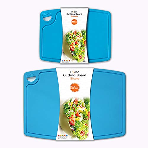 Liflicon Thick Cutting Boards for Kitchen Silicone Chopping Board Set of 2 Mid 12.6'' x 9.1”,Mini 9.1”x7.1” Non-slip Deep Drip Juice Groove Easy Grip Handle,Dishwasher Safe-Blue - color: Blue, size: 9.1"L x 7.1"W & 12.6"L x 9.1"W