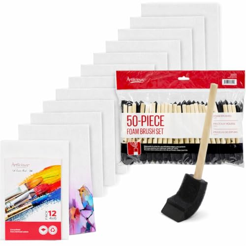 Artlicious Painting Bundle – Pack of 12 (4×6) Blank White Canvas Boards Made from 100% Cotton + 50 Disposable 1-Inch Foam Brushes for Acrylic, Oil, Watercolor Painting, staining, Varnishing & DIY Art