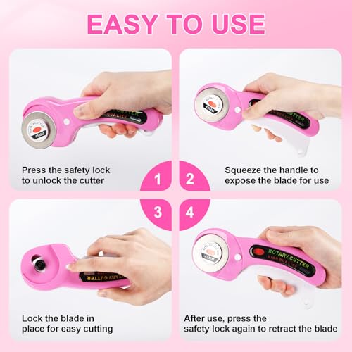 Rotary Cutter for Fabric, 45mm Rotary Cutters Kit with Extra 10 Blades | Ergonomic Rolling Cutter with Safety Lock, Suitable for Leather, Crafting, Sewing, and Quilting Fabric (Pink)