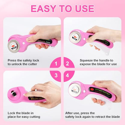 Rotary Cutter for Fabric, 45mm Rotary Cutters Kit with Extra 10 Blades | Ergonomic Rolling Cutter with Safety Lock, Suitable for Leather, Crafting, Sewing, and Quilting Fabric (Pink)