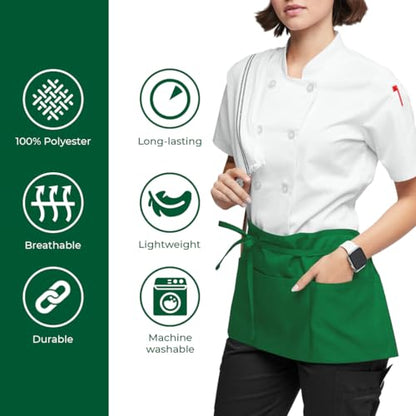 Avalon Kitchen Server Aprons with 3 Pockets – 100% Polyester Waist Apron, 24x12 Inch Half Apron, Waitress Apron for Servers - color: Green, style: Pack of 4