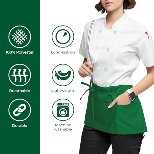 Avalon Kitchen Server Aprons with 3 Pockets – 100% Polyester Waist Apron, 24x12 Inch Half Apron, Waitress Apron for Servers - color: Green, style: Pack of 12