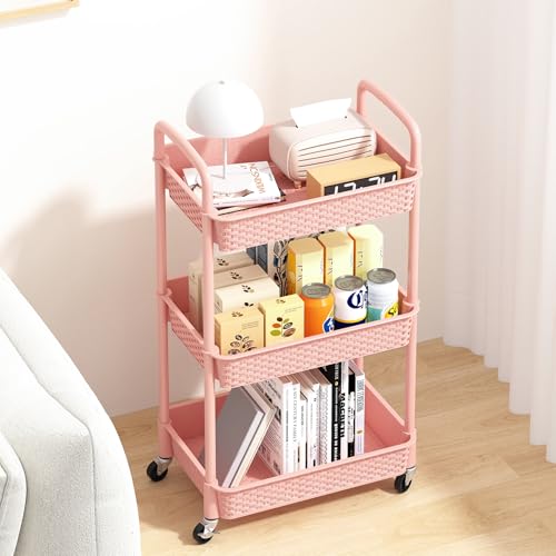 MOYIPIN 3-Tier Plastic Rolling Utility Cart with Handle,Utility,Pink | Utility Storage Cart for Office, Living Room, Kitchen,Movable Storage Organizer，Easy installation，Rattan-like art design - color: Pink, size: 3-Tiers without cups