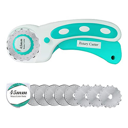 Headley Tools 45mm Rotary Cutter with 9pcs Extra Rotary Blades, Ergonomic Rolling Cutter with Safety Lock for Fabric, Sewing, Quilting, Cloth, Paper, Leather, Crafting, Fabric Rotary Cutter (Cyan) - color: Cyan, size: 45mm