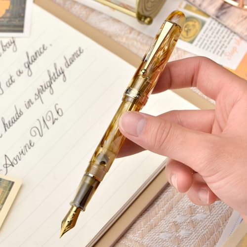 Asvine V126 Vacuum Filling Fountain Pen Brown Swirl Transparent Acrylic, Medium Nib Large-Capacity with Gift Case - color: Brown Swirl, style: Medium Nib