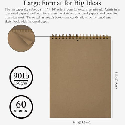 Fuxi Toned Tan Sketchbook 11x14 Inch, 60 Sheets, Spiral Bound - Hard Cover, Acid-Free Drawing Paper Pad for Artists, Drawing, Illustration & Art Students. - color: Toned Tan, size: 11" x 14" (Pack of 1)