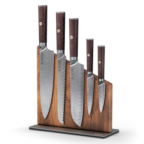 Magnetic Kitchen Knife Block Set - Japanese 67 Layer High-Grade VG-10 Steel Knives, Sharp, G10 Handle Professional Kitchen Knife Set - Damascus (6 pieces), Brown Pakkawood Handles - color: Brown, size: 6-Piece