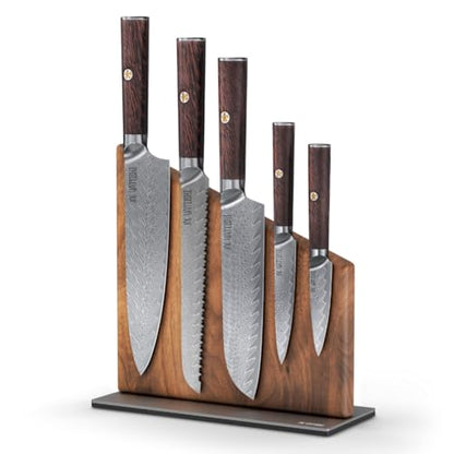 Magnetic Kitchen Knife Block Set - Japanese 67 Layer High-Grade VG-10 Steel Knives, Sharp, G10 Handle Professional Kitchen Knife Set - Damascus (6 pieces), Brown Pakkawood Handles - color: Brown, size: 6-Piece