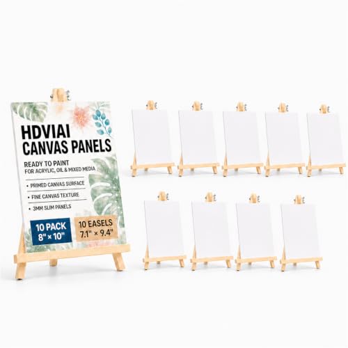 10-Set Canvas Boards with Easels, 8 x 10 Inch, Paint Party Kit | 10 blank canvas boards with 10 adjustable wooden tabletop easels for painting parties, classrooms, crafts and display - color: White, size: 8X10inch