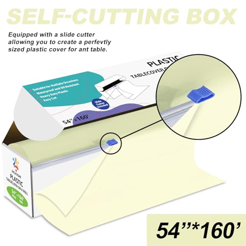 54IN X 160FT Plastic Table Cover Roll with Cutter Box, Cut to Size Plastic Table Cloths for Parties, Birthday, (Beige, 54"x1920") - color: Beige, size: 1920" x 54" (Rectangular)