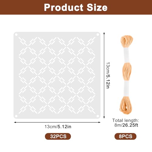 40 Pcs Sashiko Stencil Set, 5.12 x 5.12 in Plastic Geometric Sashiko Pattern Templates with 8 Colors Thread, Drawing Line Embroidery Stencils for Visible Mending, Hand Sewing and Quilting